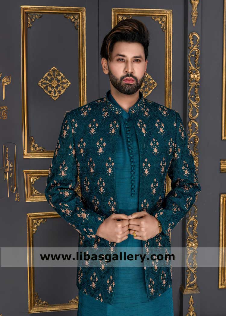 Luxury Teal Embroidered Groom Prince Coat