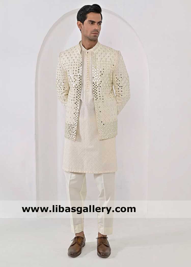 Cream Mirror embroidered Men Prince Coat