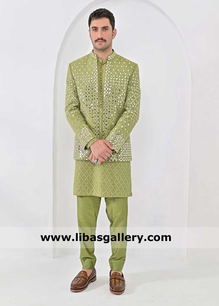 Pista Green Mirror Work Groom Prince Coat
