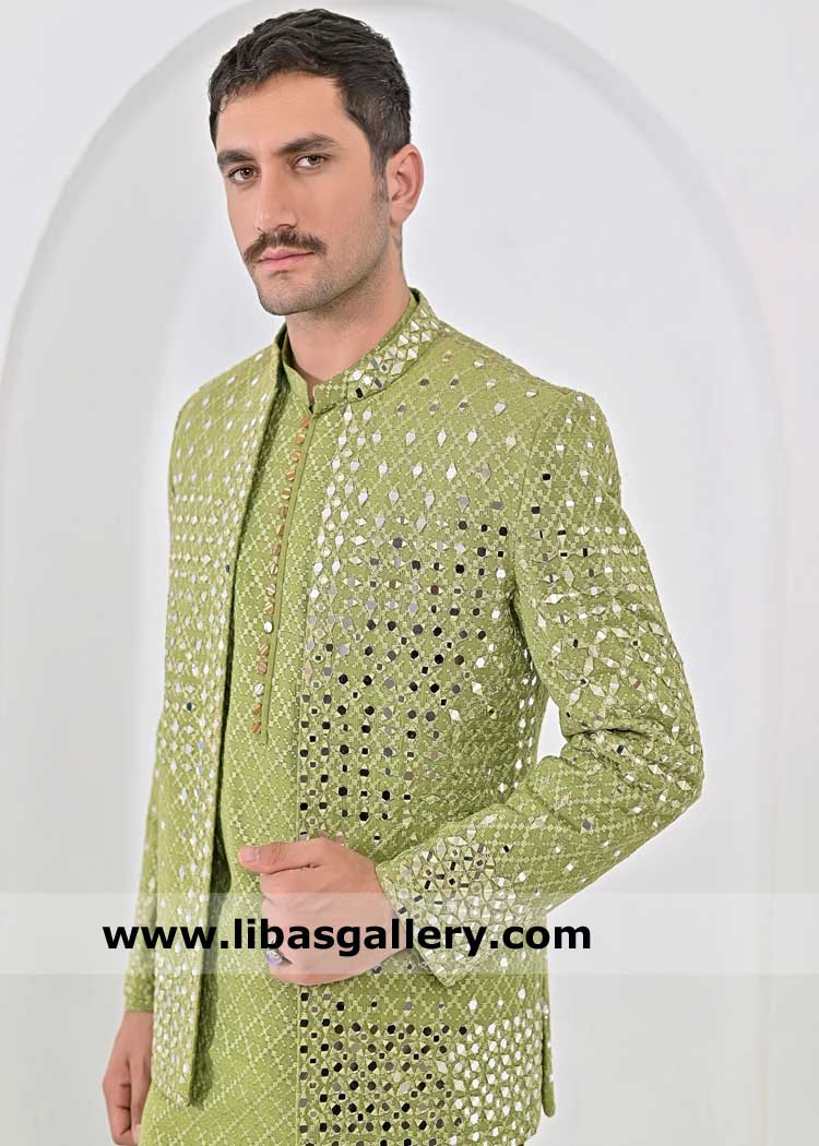 Pista Green Mirror Work Groom Prince Coat