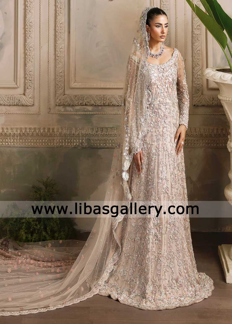 Peach Bridal Gown with Slight Train and Bride Veil