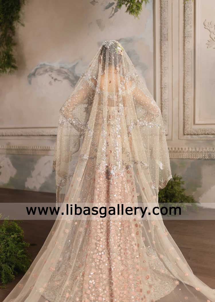 Peach Bridal Gown with Slight Train and Bride Veil