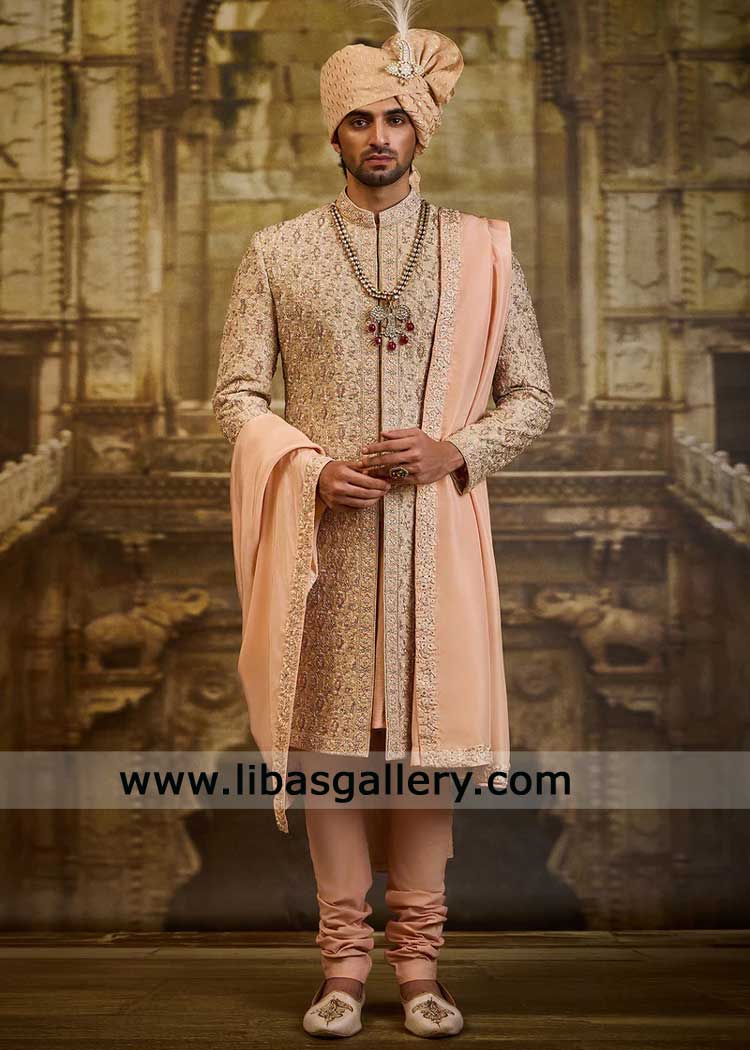 Peach dabka Hand Embellished Groom Sherwani with turban Shoes- Jamawar Men Nikah Wear