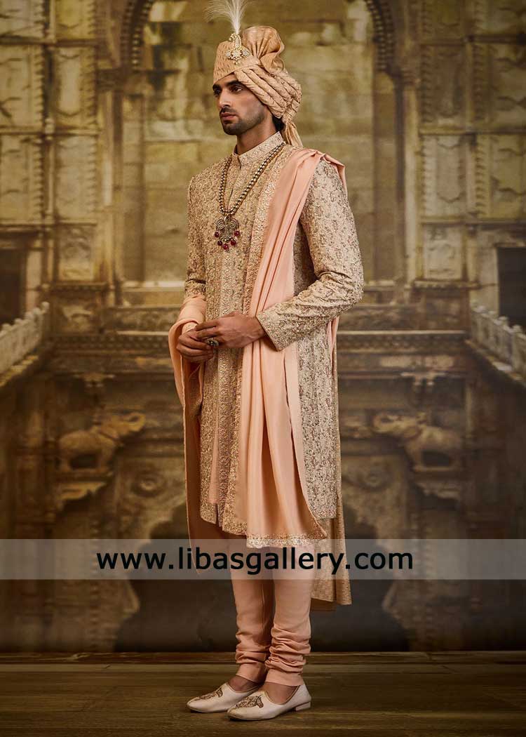 Peach Hand Embellished Groom Wedding Sherwani set
