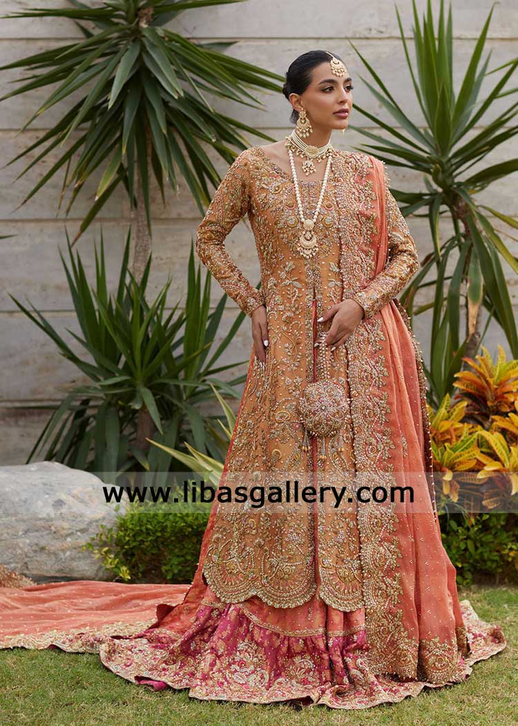 Peach Opulence Pakistani Bridal Peshwas with Farshi Lehenga