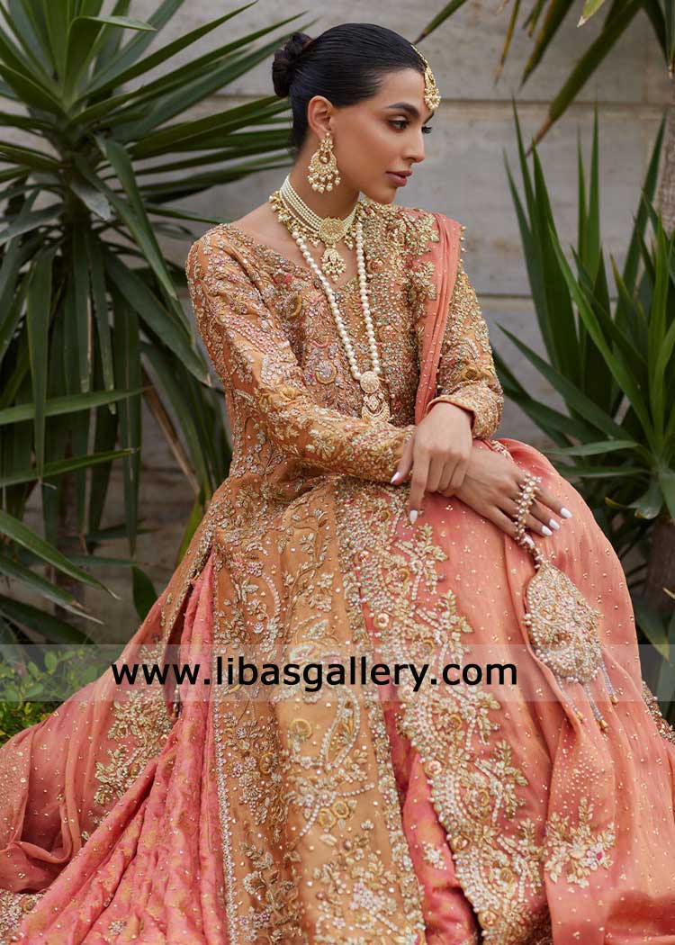 Peach Opulence Pakistani Bridal Peshwas with Farshi Lehenga