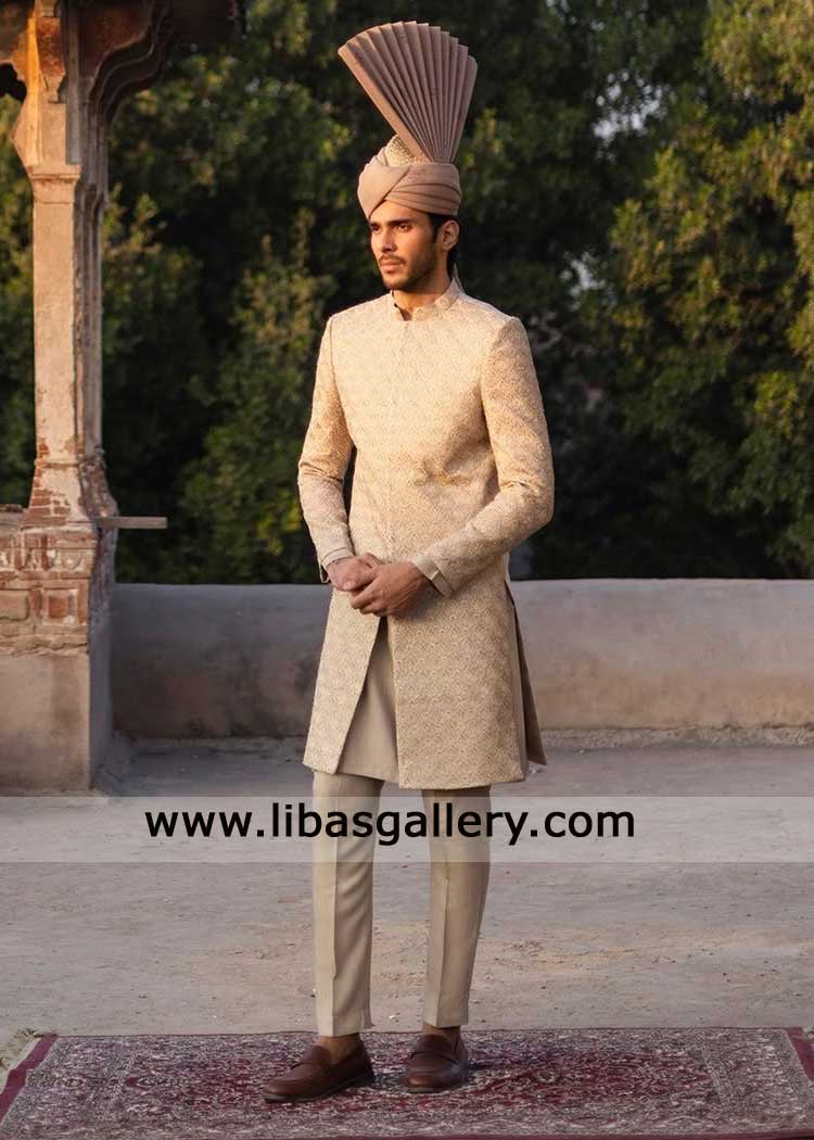 Beige Hand Embroidered Groom Wedding Sherwani