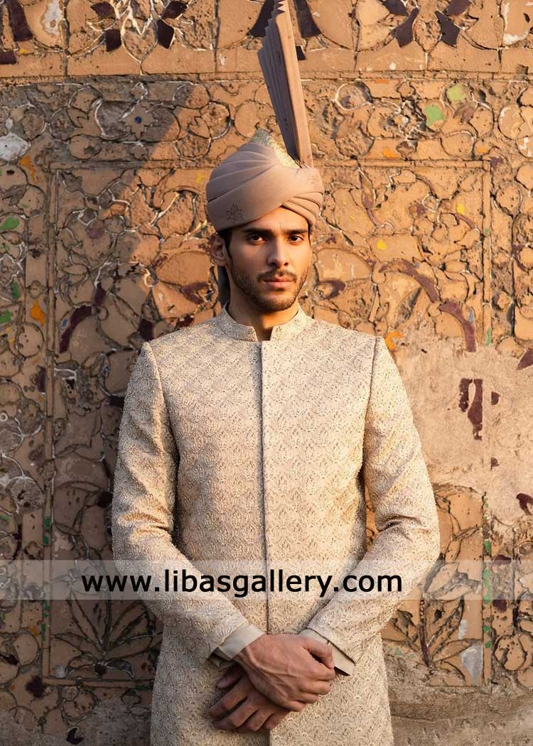 Beige Hand Embroidered Groom Wedding Sherwani