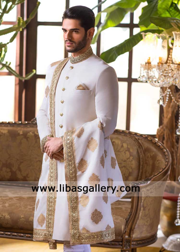 Luxury Pearl White Groom Sherwani with Matte Gold Embellishments-Suiting Fabric Wedding Sherwani Chicago USA