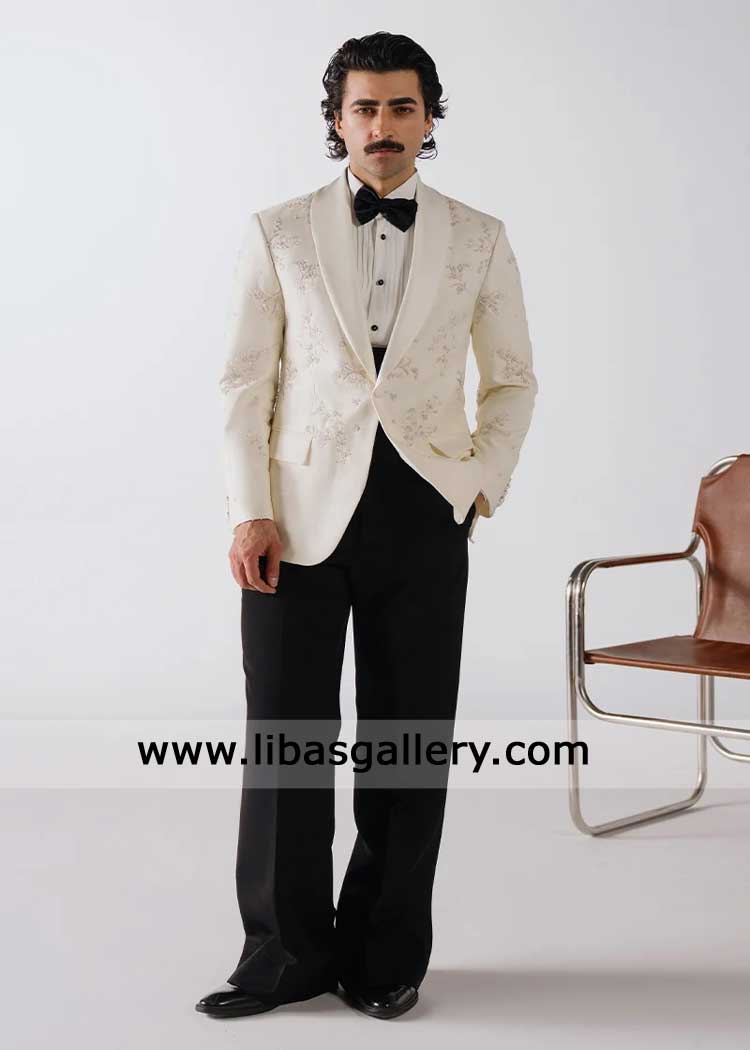 Luxury Pearl White Floral Embroidered Tuxedo TX USA for Walima | Walima Suit
