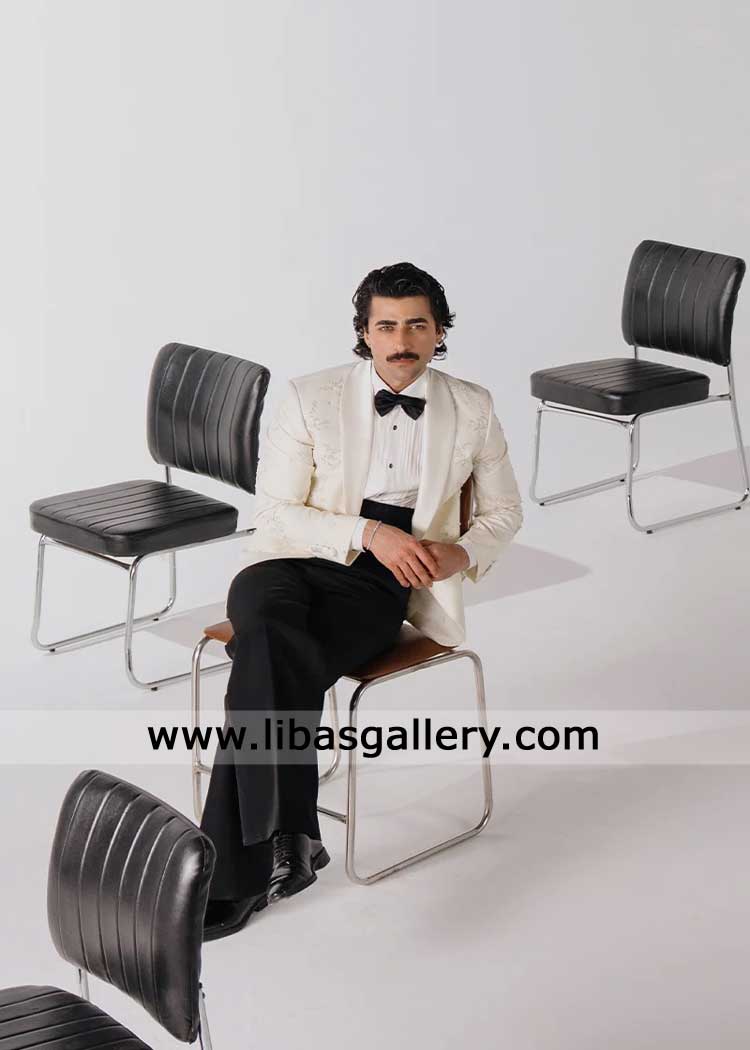 pearl white luxury floral embroidered tuxedo suit