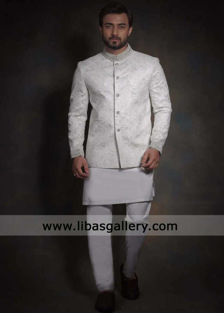 Hero Prince coat pearl white and silver for Groom Nikah | White jacket