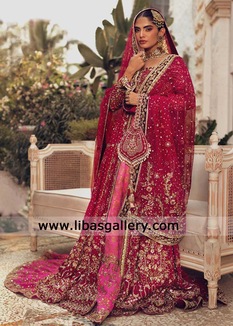 Bridal peshwas in pink with farshi sharara USA with hand embellishment