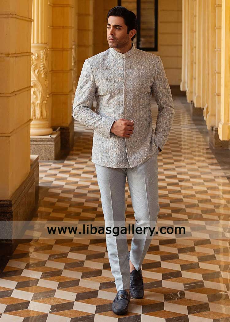Powder Blue Groom Embroidered Prince Coat with Hand work