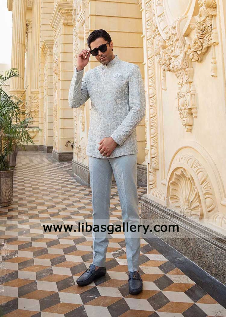 Powder Blue Groom Embroidered Prince Coat with Hand work