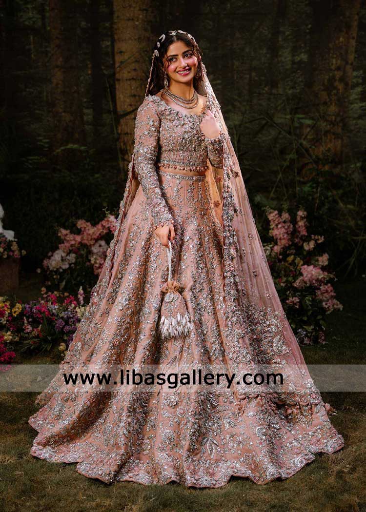 Powder peach Bridal Lehenga Choli Dupatta Set with Hand Work