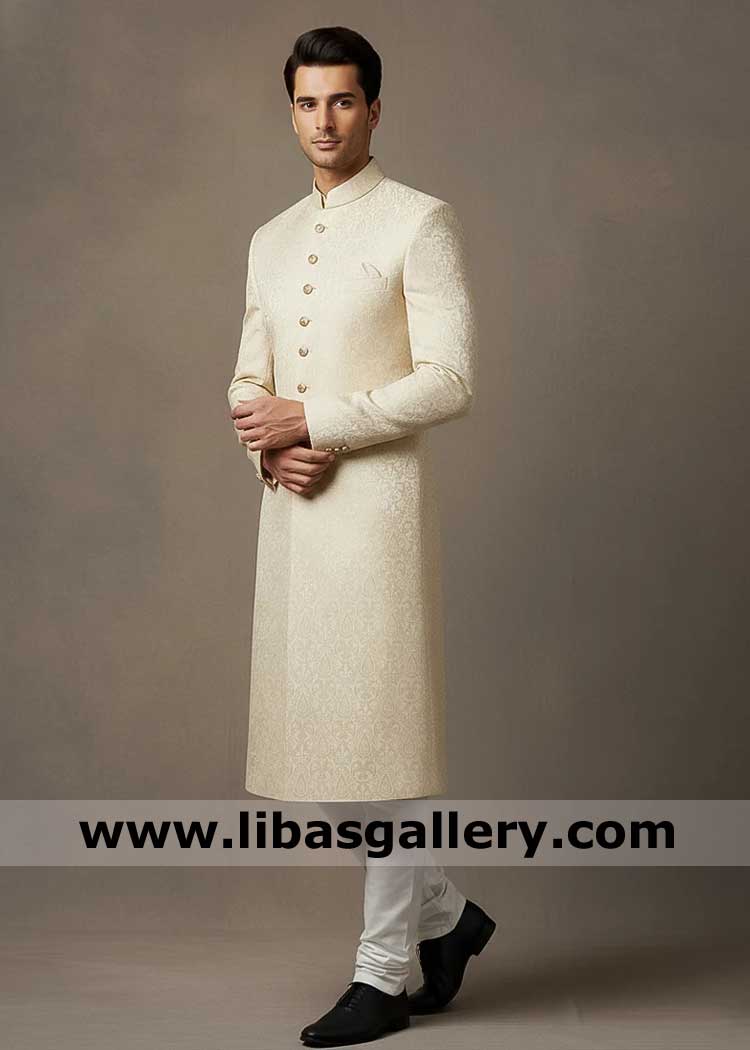 Premium Jamawar Cream Traditional Groom Sherwani