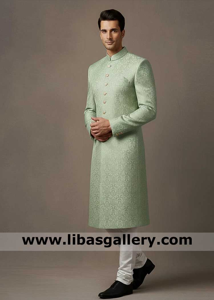 Premium Jamawar Mint Green Groom Sherwani