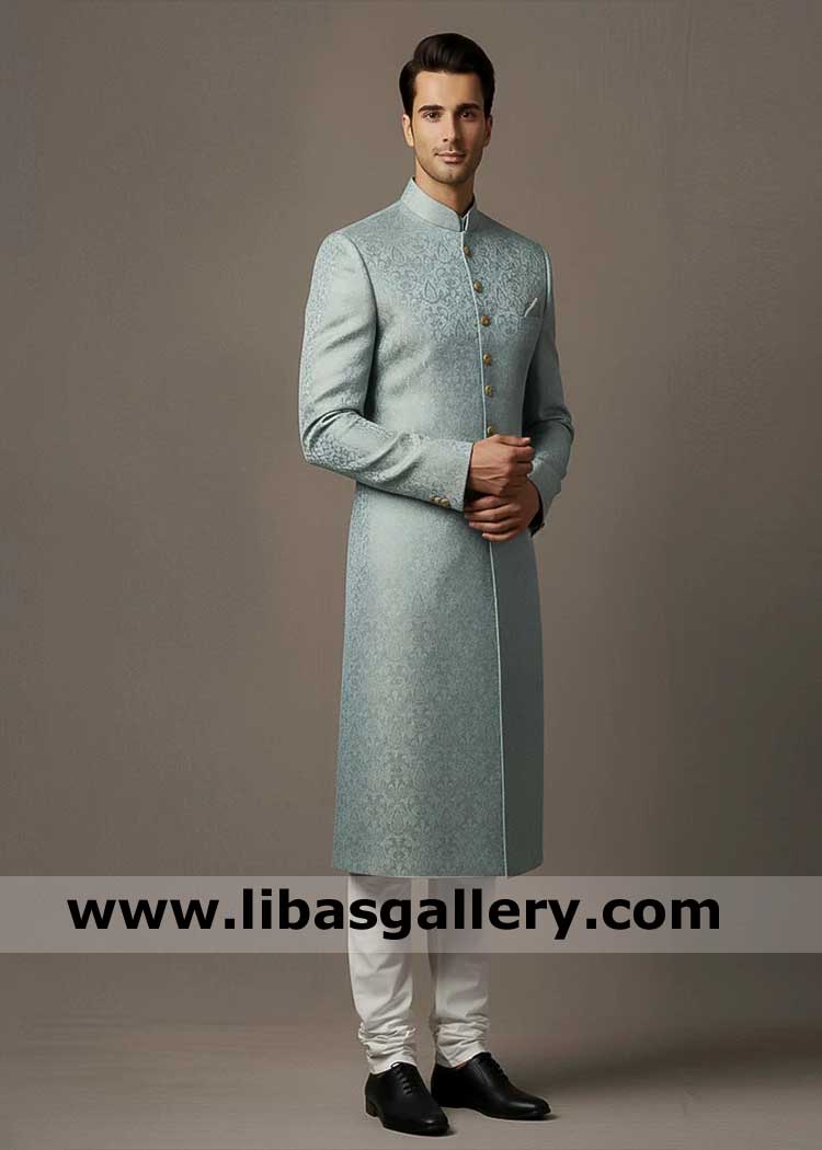 Premium Jamawar Pastel Blue Groom Sherwani