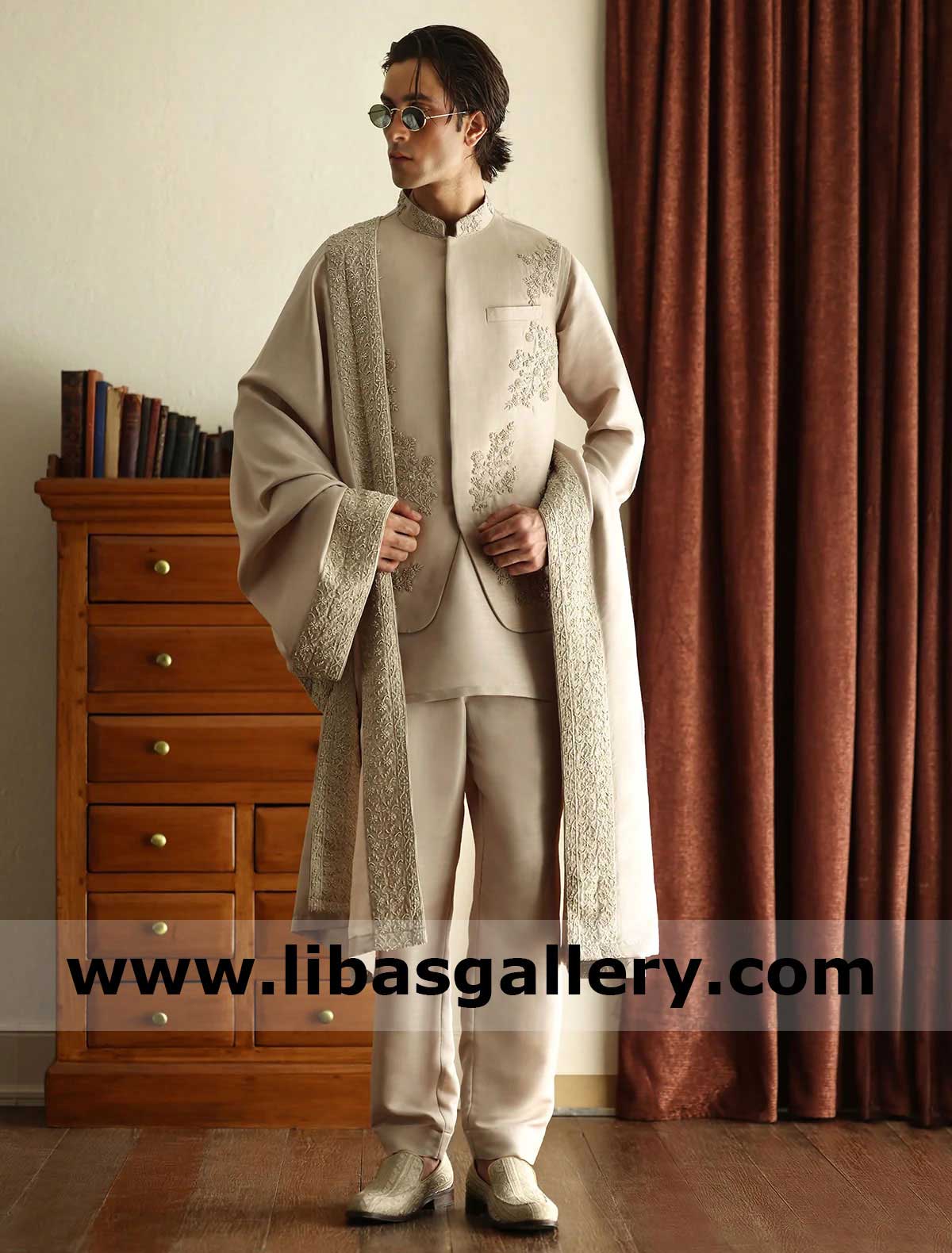 Light Fawn Groom Premium Embroidered Shawl 