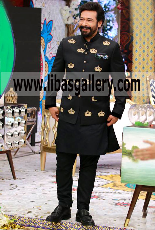 Black prince coat sherwani recent shoot small embroidered booti on front length will be manage according to man height UK USA Canada