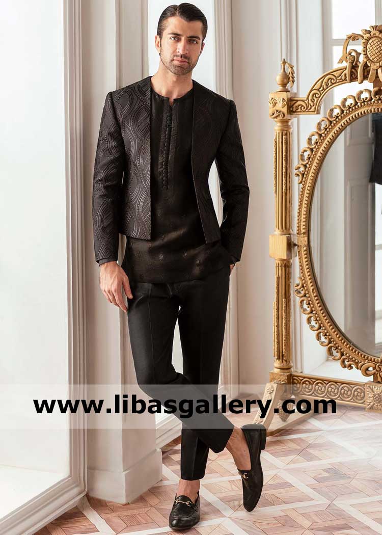 Monotone Black Thread Embroidery Men Prince suit design