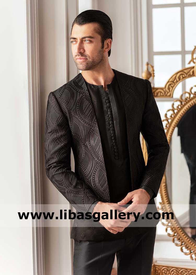 Monotone Black Thread Embroidery Men Prince suit design