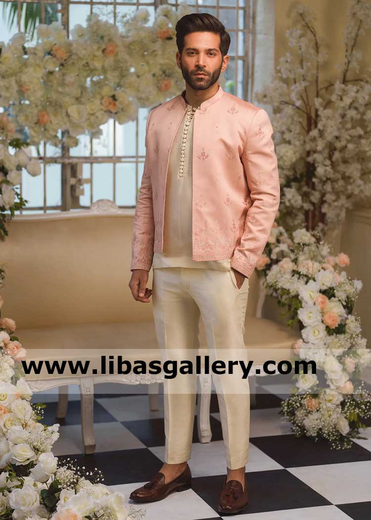 Custom Tailored peach monotone Embroidered Men Prince suit