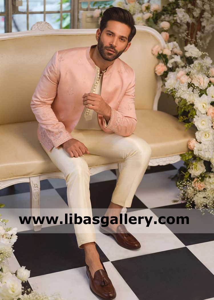 Custom Tailored peach monotone Embroidered Men Prince suit