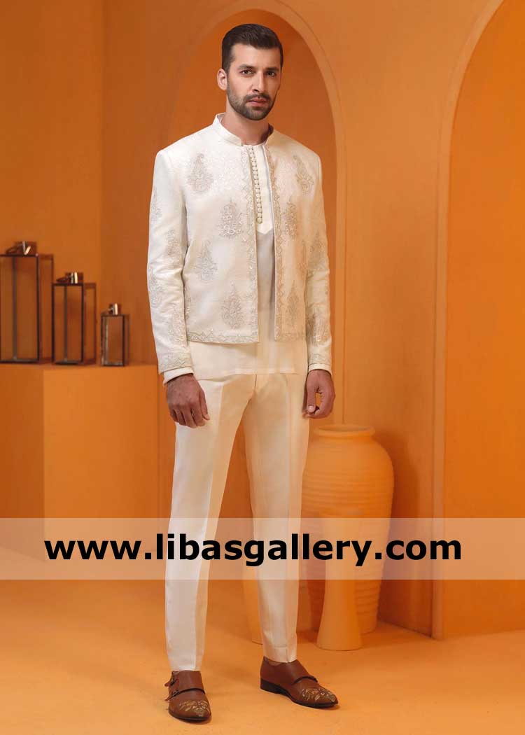 Ivory Self design men latest embroidered wedding jacket with swiss voile  inner tunic and fabricated beautiful loop buttons Colorado Springs Aurora Fort Collins USA