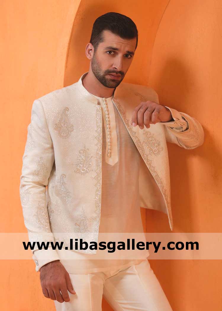 Ivory Self design men latest embroidered wedding jacket