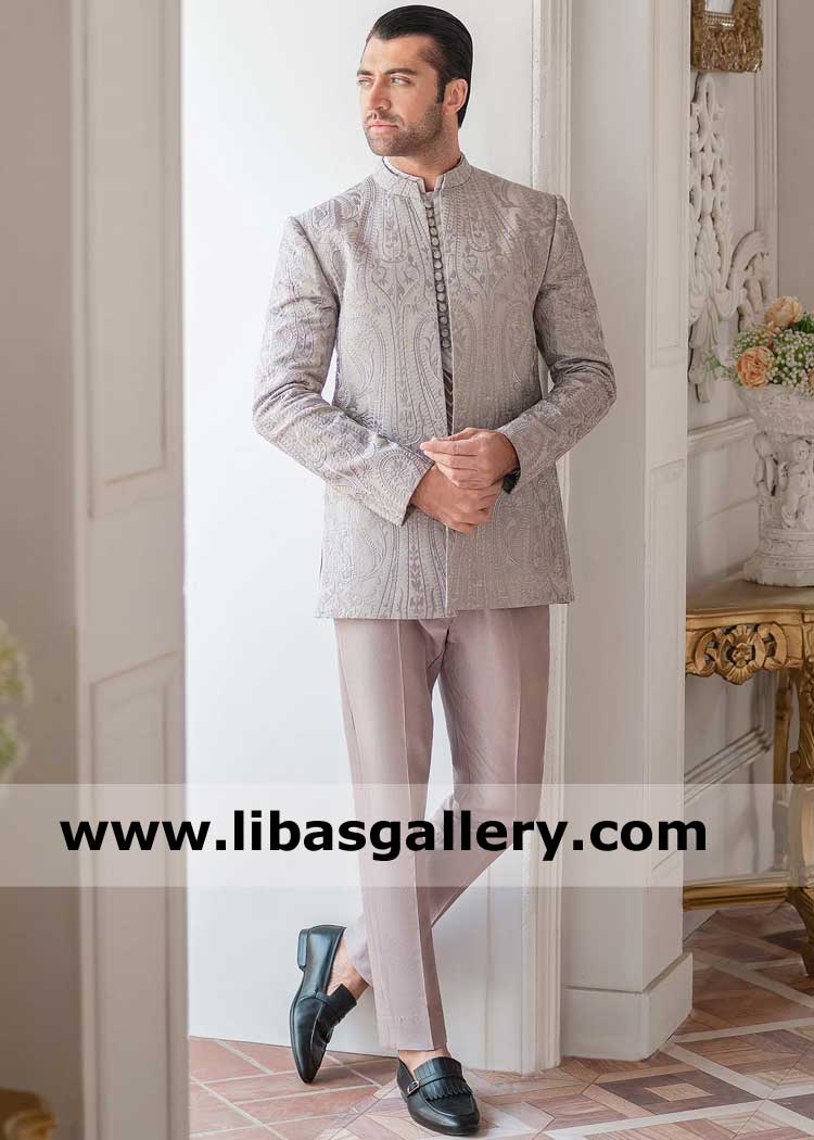 Grey Raw silk prince coat for men with monotone thread embroidery