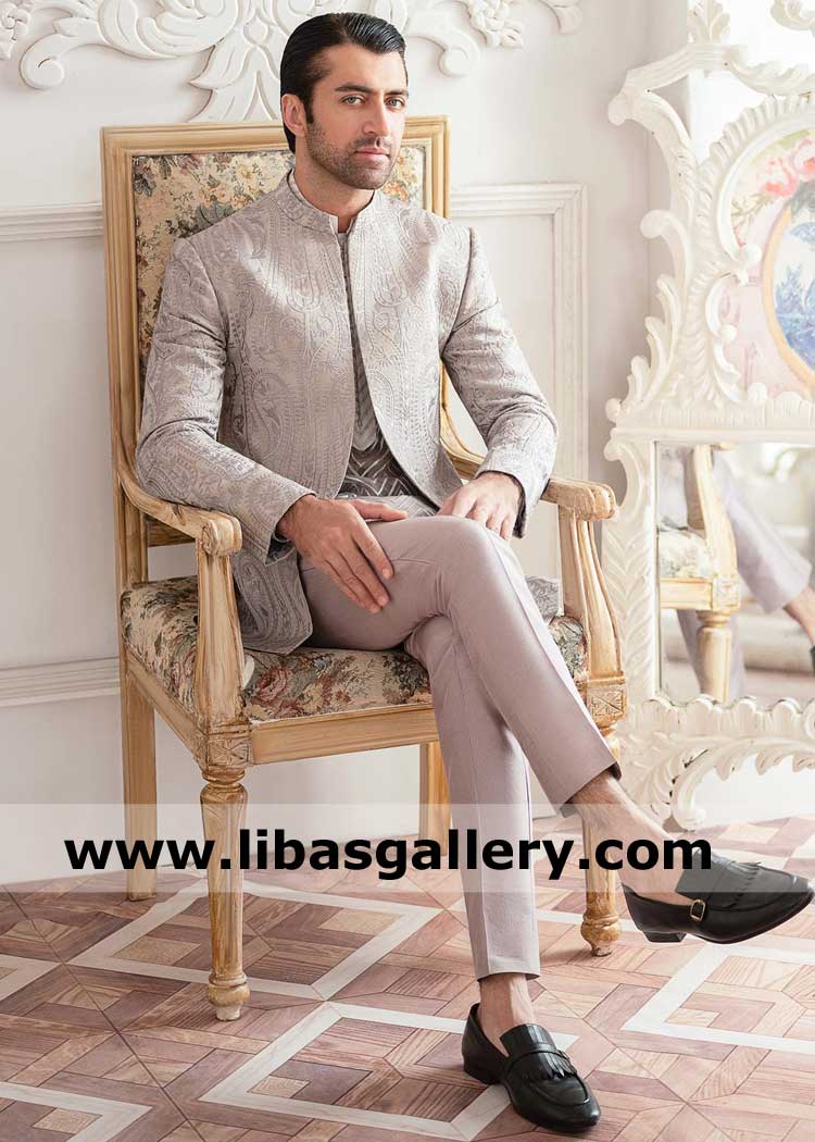 Grey Raw silk prince coat for men with monotone thread embroidery