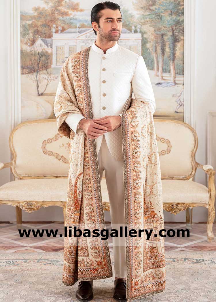 New Ivory Beautiful Quilted Men Prince coat in Silk Jamawar with matching inner tunic and raw silk pants Leicester Edinburgh Leeds UK
