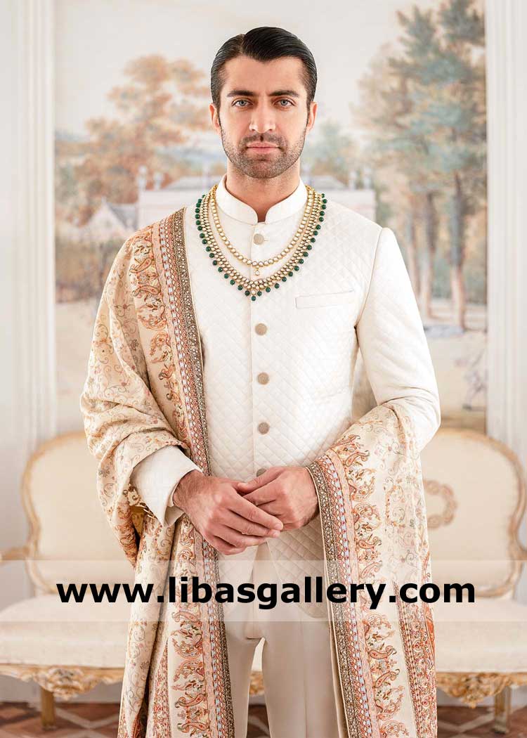 New Ivory Quilted Men Prince coat in Silk Jamawar