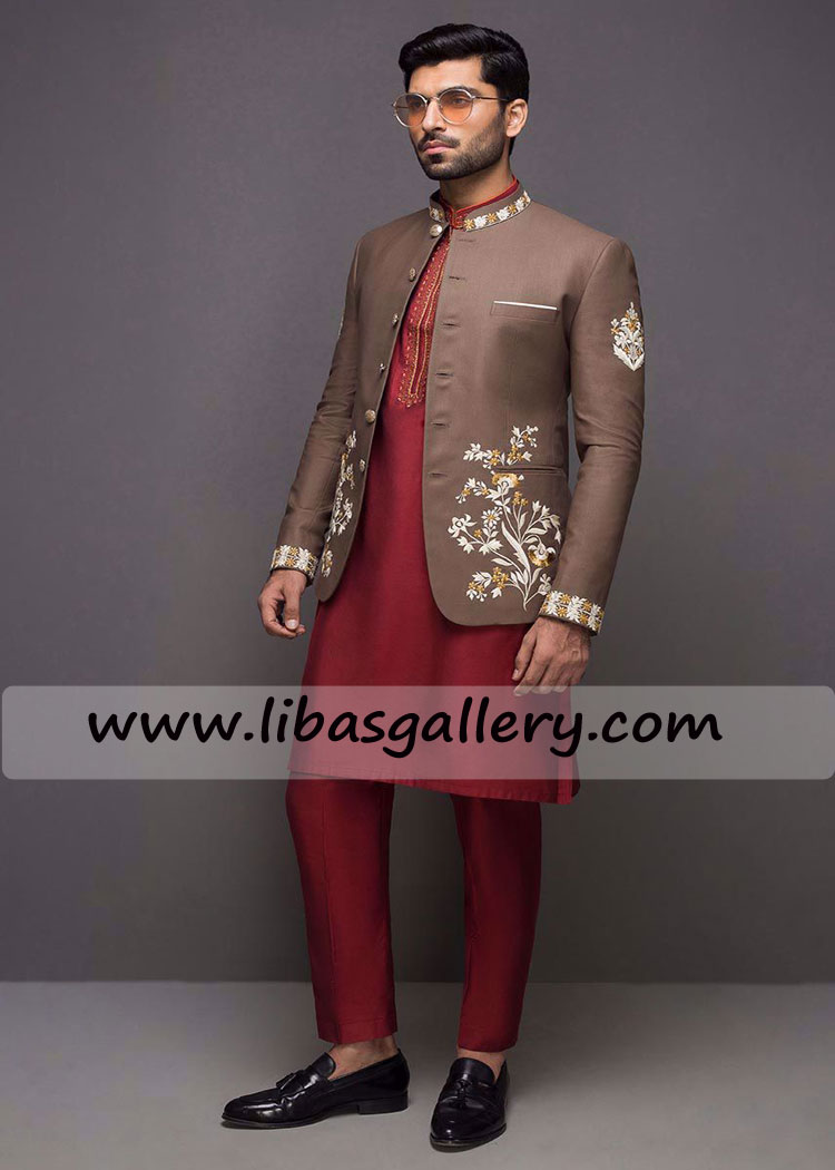 Brown Embroidered Wedding Jacket for kind life partner