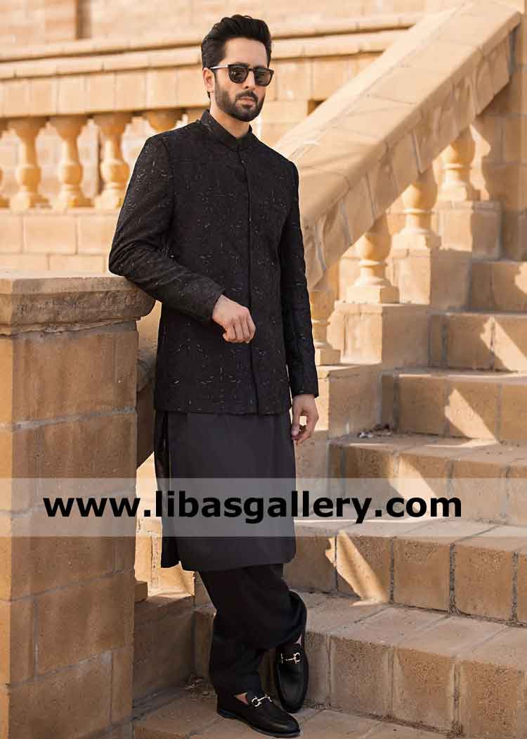Masterpiece crafted Black Men Prince Coat Meer heavy intricate embroidery pattern all over Danish Taimoor modeling Dallas Sugarland Texas USA