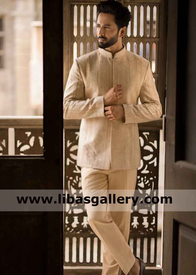 Men Skin Raw silk Prince Coat chand danish taimoor inspired by timeless aristocratic attire paired with Monotone Trouser Wisconsin Maryland USA
