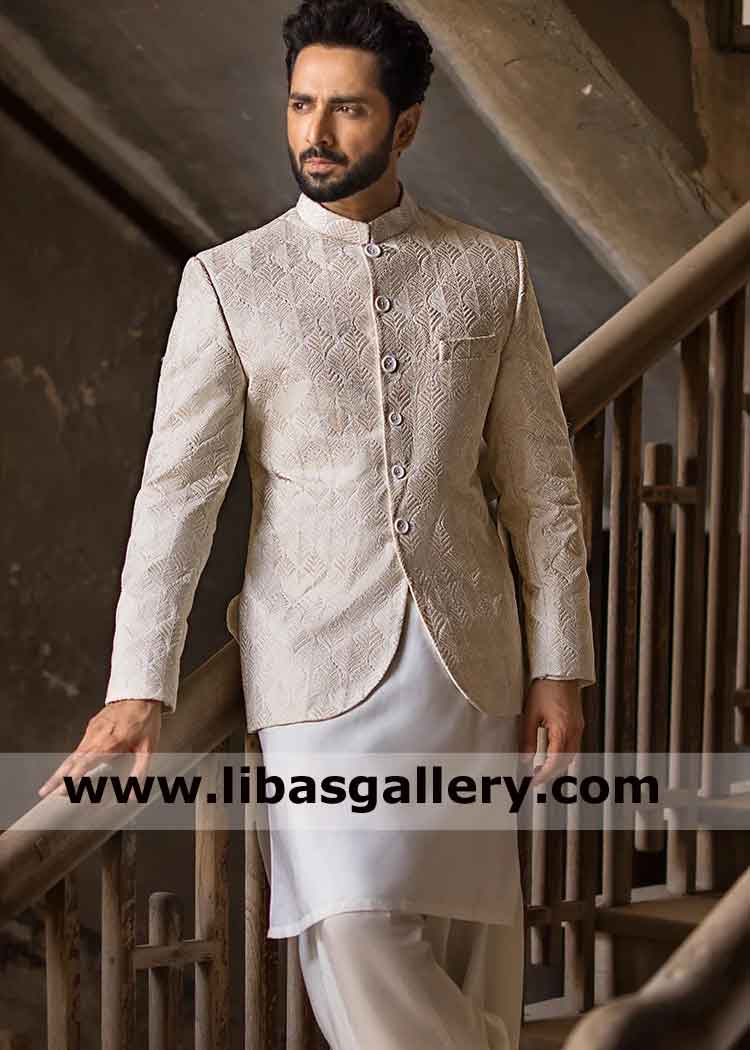 Men off white Salar Beautiful embroidered prince coat attire with touch of culture buy raw silk prince suit with kurta shalwar Plymouth Luton UK