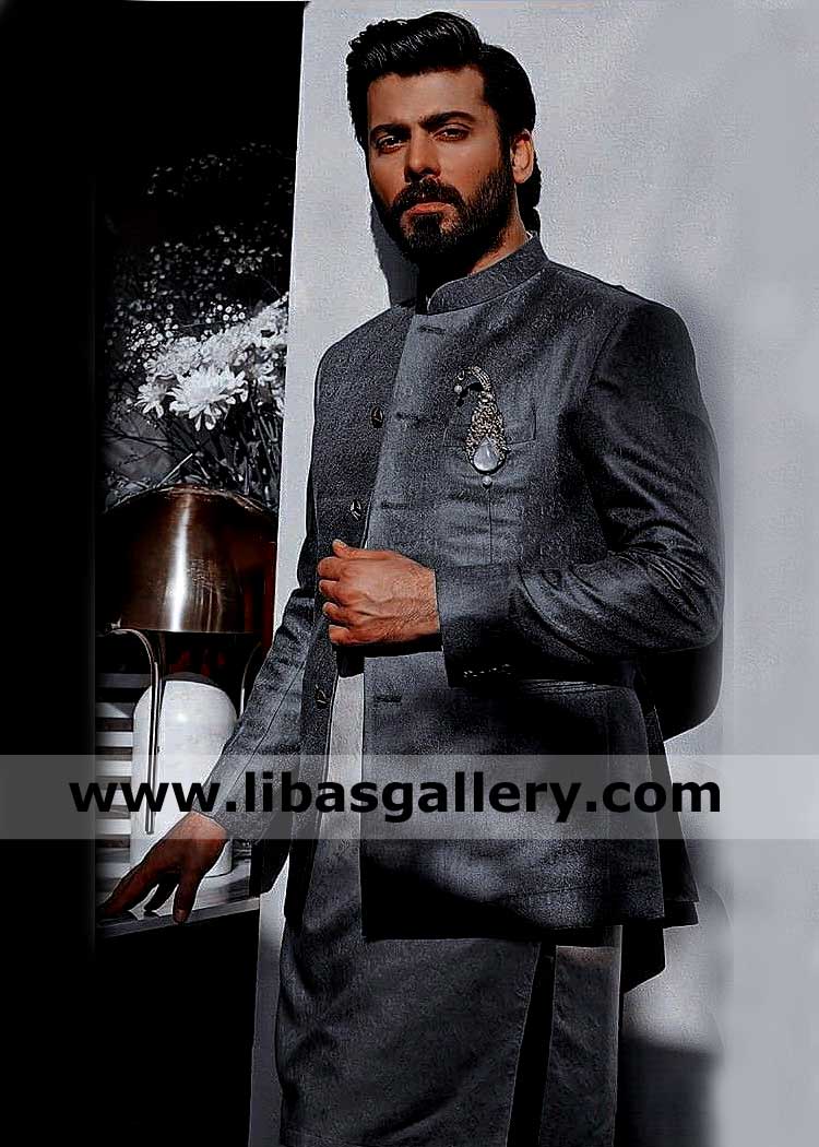 Fawad khan stunning look in Gray Men Prince coat0 suit for Special Occasion and Formal Events with inner kurta trouser UK USA Australia