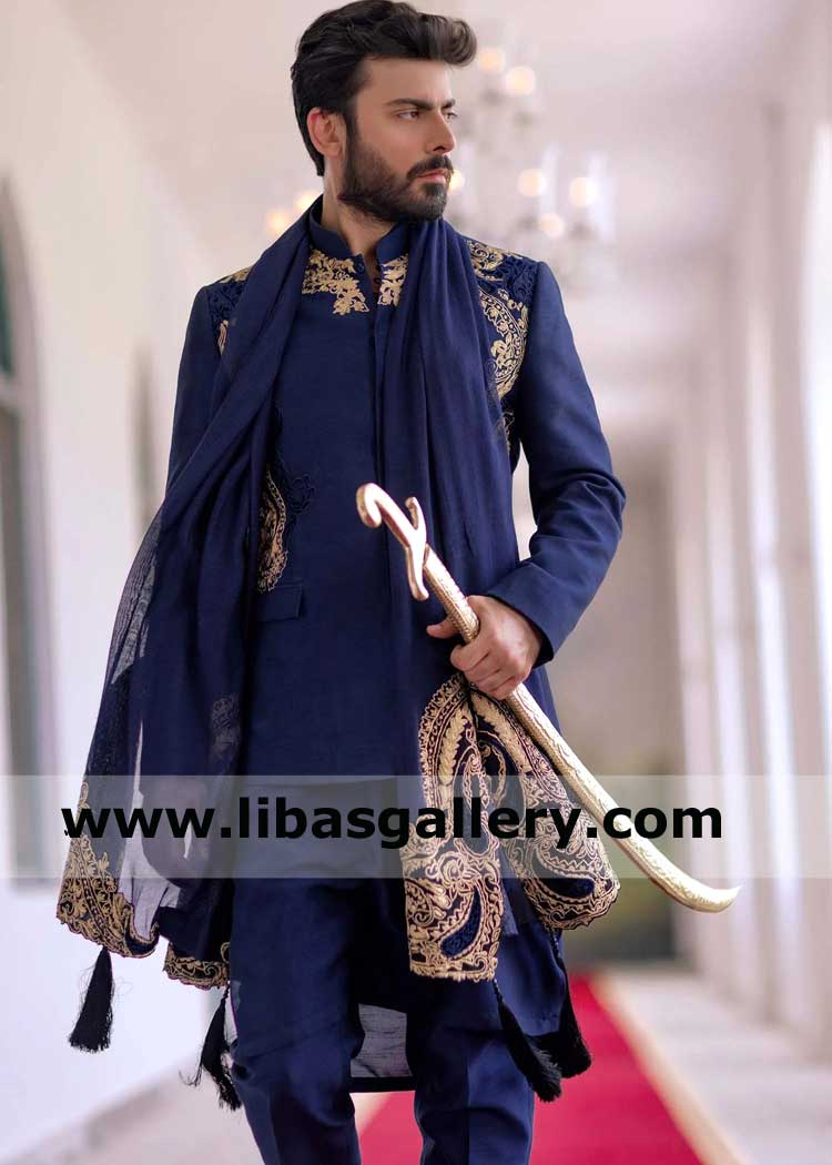blue gold wedding prince coat article for men wedding event nikah barat day fawad khan wearing shawl to enhance its beauty London Southhall Glasgow Birstol UK