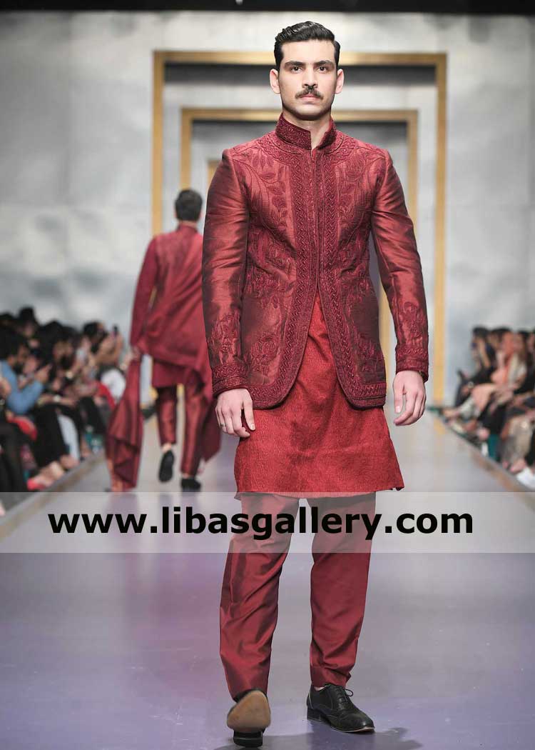 Red Maroon Stylish heavy matching Embroidered Men Wedding Prince Jacket for Nikah Barat day with inner same color Chandler Gilbert Glendale USA
