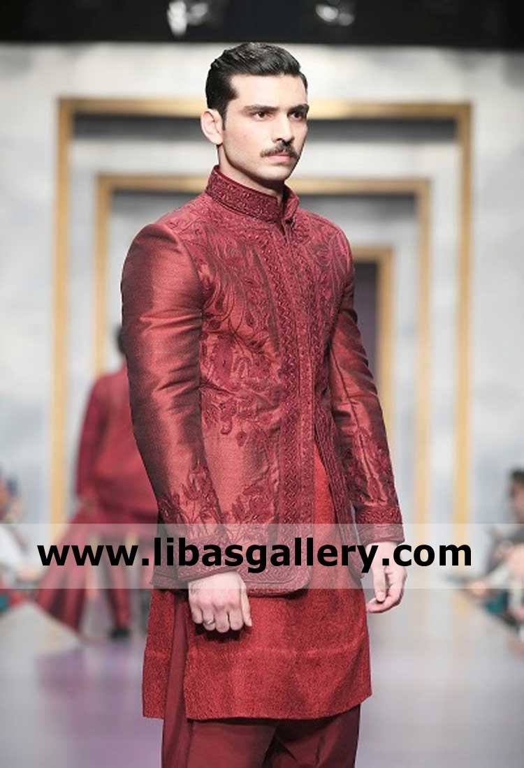 Red Maroon Stylish heavy Embroidered Men Wedding Prince Jacket