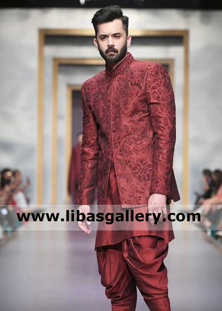 Red Maroon Men Wedding Prince coat with Matching Embroidery and kurta with Dhoti style shalwar flared Glasgow Leicester Edinburgh UK