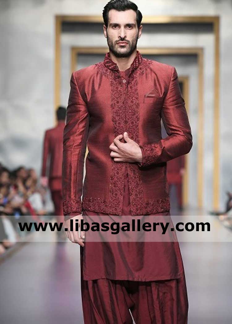 Red Maroon Groom Wedding Prince Suit Latest Article in Raw Silk compliment with matching kurta shalwar suit Germany Qatar Dubai France