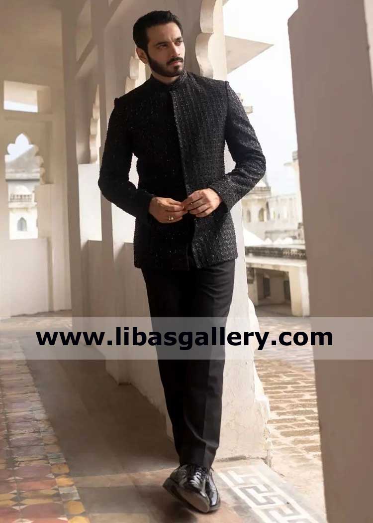 Wahaj Ali Actor in Men Black Prince coat hand embellished with beads kora sequins Dabka Crystal in 𝑵𝒂𝒘𝒂𝒃𝒊 Style paired with pants UK Dubai Canada