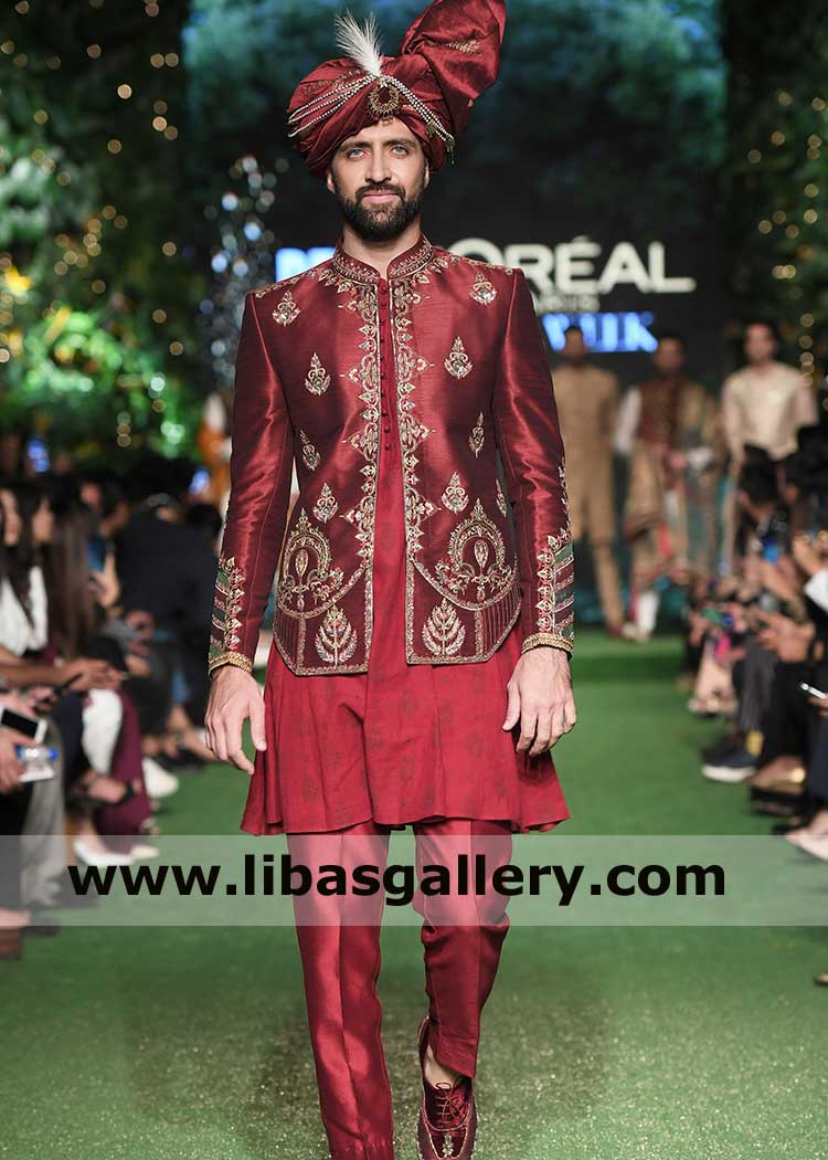 Red Maroon Men Embroidered Raw silk Prince Coat for Wedding