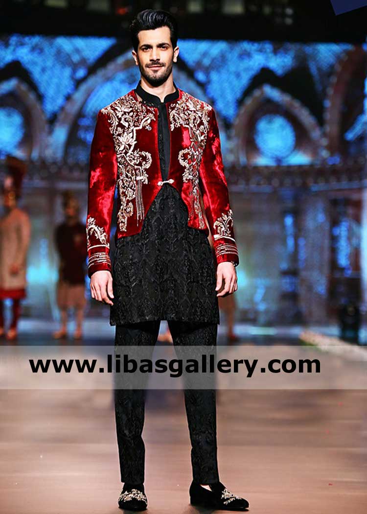 Red Velvet Embroidered Afghani Style Short length Men Coat Shahzad Noor with black embroidered kurta pajama Bexley Northampton Archway UK