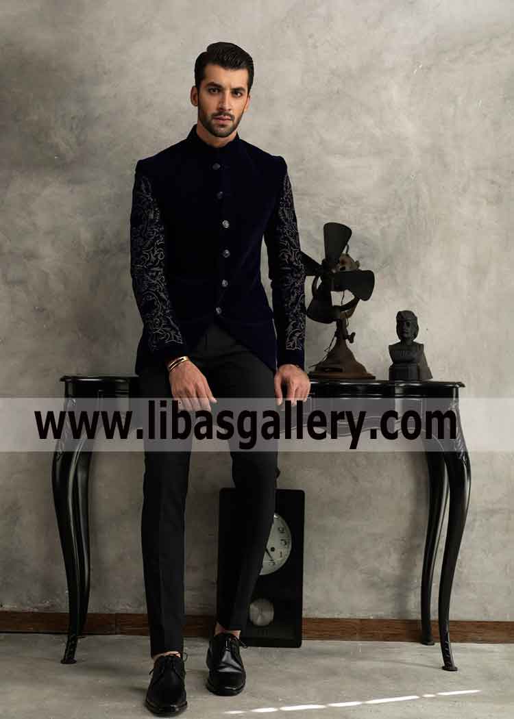 NAVY BLUE VELVET PRINCE COAT for men gray embroidery on sleeves buy with pants Saudi Arabia Kuwait Oman