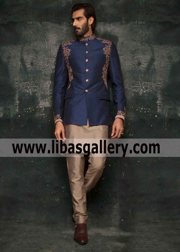 ROYAL BLUE HAND EMBROIDERED RAWSILK PRINCE COAT